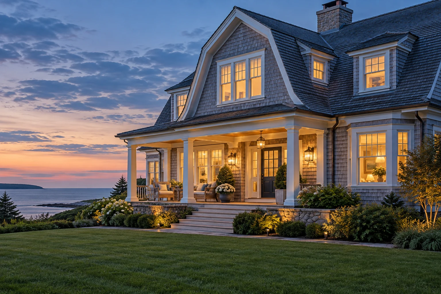 Illustration of a New England coastal home with warmly lit windows and a front porch